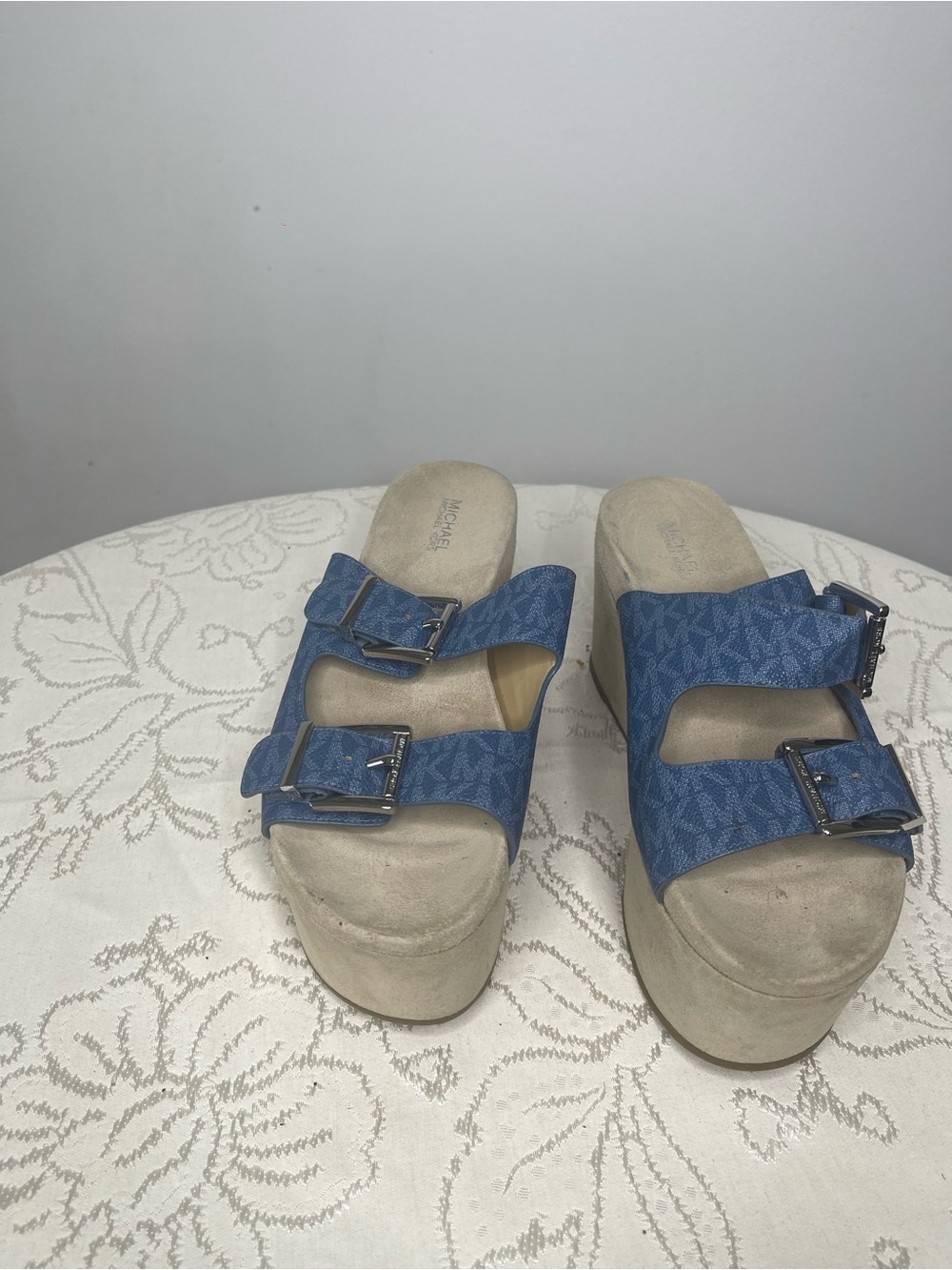 Michael Kors Blue Double Buckle Platform Slide Mules
